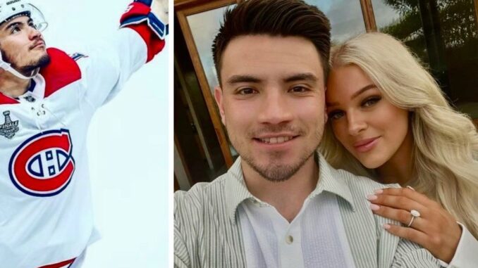 nick-suzuki-wearing-an-away-jersey-on-ice-looking-up-at-fans-while-posing-for-a-photo-right-nick-suzuki-and-caitlin-fitzgerald